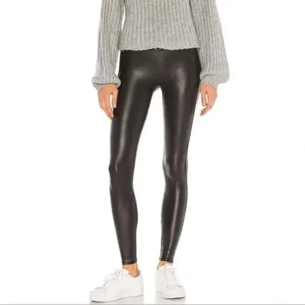 Spanx High Rise Compression Faux Leather Leggings Black Large Petite
